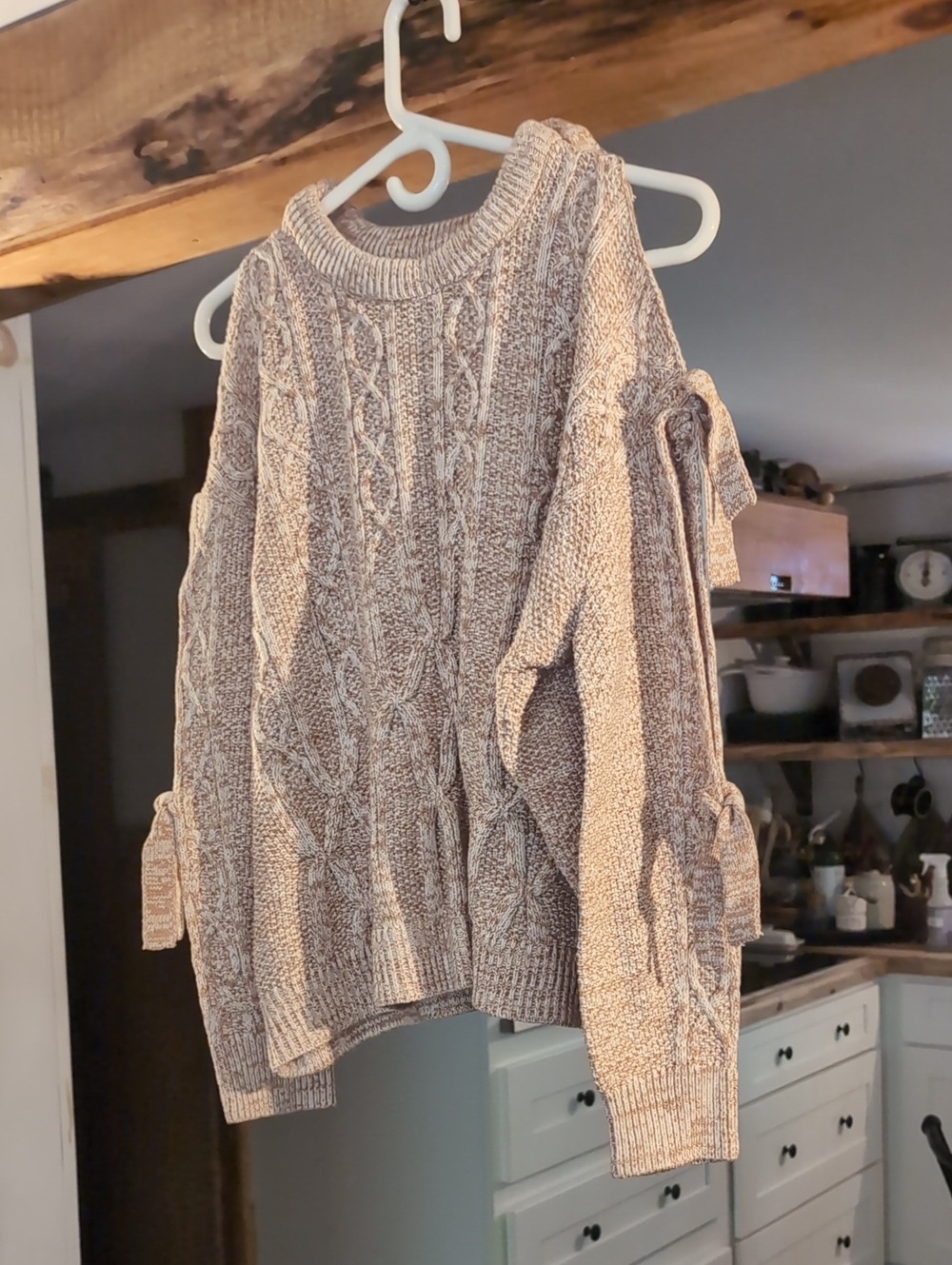 Cozy Cable Knit Cold-Shoulder Sweater - Taupe SIZE Medium